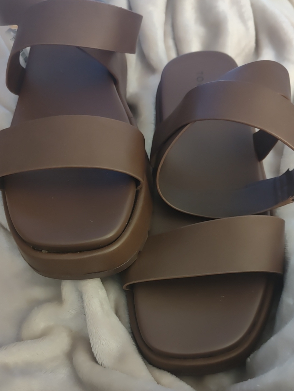 Brown Double-Strap Slide Sandals with Metal Buckle Accent